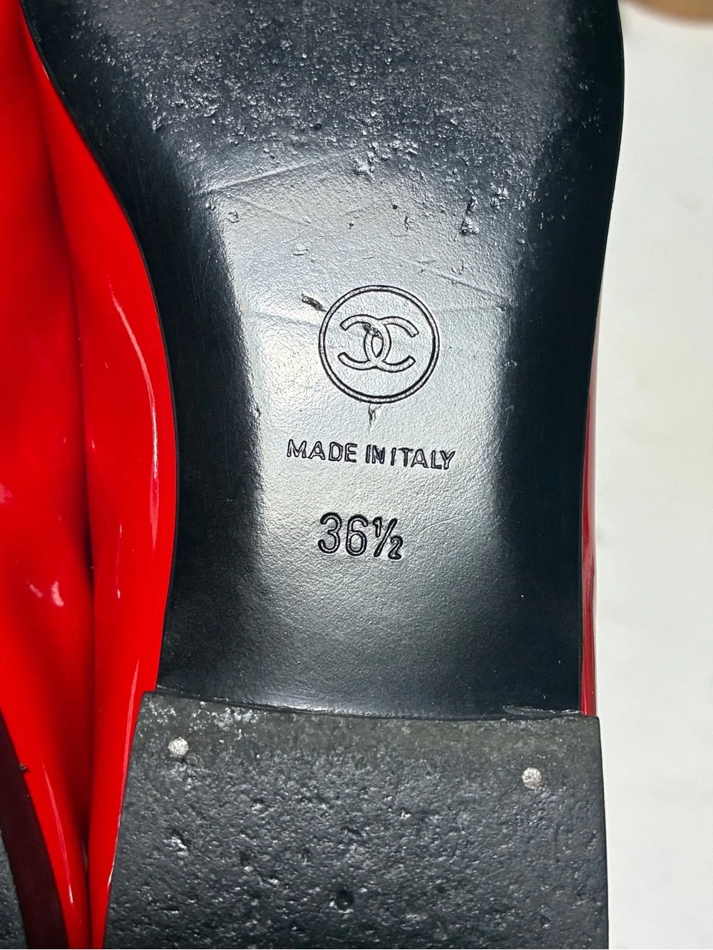 CHANEL Red and Black Patent Cap-Toe Ballet Flats